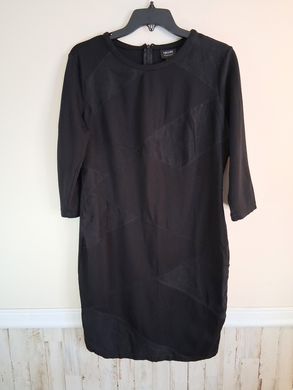 Nicole Miller Patchwork Shift Dress Black Size Large Quarter Lenth Sleeve